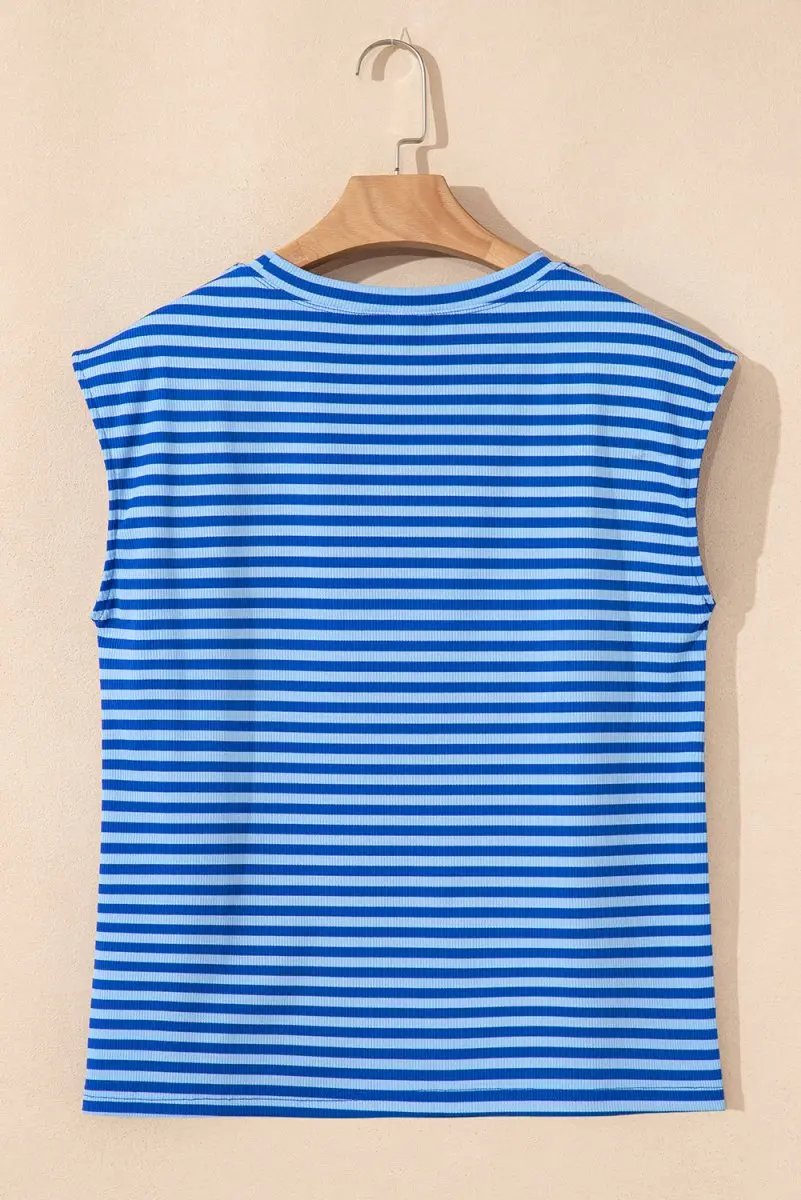 Sky Blue Stripe Ribbed Cap Sleeve Round Neck T Shirt for Women - Love Salve